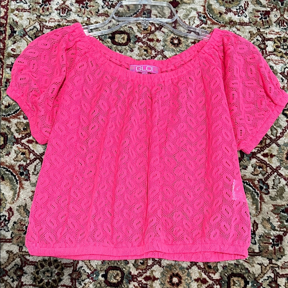 GLO jeans Hot Pink Lace Semi Sheer Crop Top w/Elastic Bottom Size Large Junior